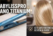 BaBylissPRO Nano Titanium flat iron review displaying ultra-thin plates and temperature dial, rated as the best flat iron for fine hair