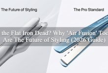 Comparison of air fusion technology versus professional titanium plates: A futuristic white air styler on the left and a blue BaBylissPRO vented iron on the right.