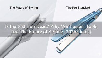 Comparison of air fusion technology versus professional titanium plates: A futuristic white air styler on the left and a blue BaBylissPRO vented iron on the right.