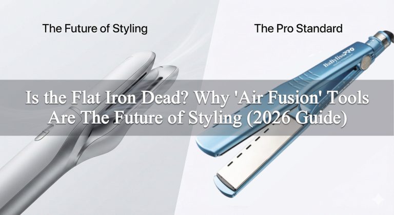 Comparison of air fusion technology versus professional titanium plates: A futuristic white air styler on the left and a blue BaBylissPRO vented iron on the right.