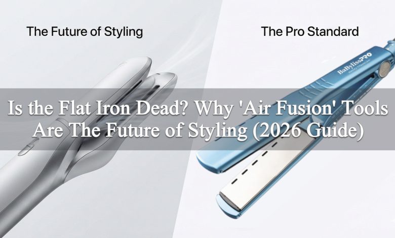 Comparison of air fusion technology versus professional titanium plates: A futuristic white air styler on the left and a blue BaBylissPRO vented iron on the right.