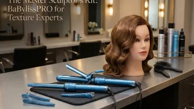 Professional salon workstation featuring BaBylissPRO Nano Titanium curling irons and wands next to a mannequin head with Hollywood waves. Text overlay reads: The Master Sculptor's Kit.