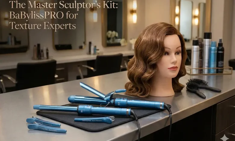 Professional salon workstation featuring BaBylissPRO Nano Titanium curling irons and wands next to a mannequin head with Hollywood waves. Text overlay reads: The Master Sculptor's Kit.